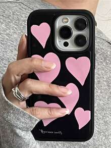 Ốp lưng điện thoại màu đen bóng hình trái tim hồng đáng yêu, tương thích với iPhone 16 15 14 13 12 11 Pro Max, viền đen thời trang, chống sốc. - yêu - Xem 3