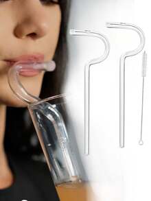 4pcs/3pcs/1pc Anti-Wrinkle Lip Straws, Anti-Lipstick Straws, Lipz Style Straws, Curved Flute Straws With Cleaning Brush, Easy To Clean, Reusable, Halloween And Christmas Party Supplies - Transparent - View 8