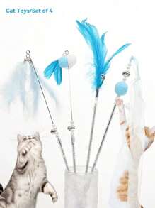 4件羽毛装饰逗猫仙女棒带铃铛，猫咪互动玩具，仙女逗猫棒玩具带耐咬羽毛带铃铛长杆斗猫棒，自娱自乐，