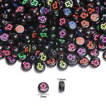 200/600Pcs 6mm Square/7mm Flat Round Acrylic Beads Cross Pattern Beads Loose Spacer Beads For Jewelry Making DIY Bracelets Accessories - Nền đen với các ký tự màu/hình dẹt - Xem 6