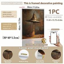 1pc, Canvas Wall Art, Framed Art Decor, Hangable, Wall Art, Poster, Witch's Hat, Horror Season Wall Art Decor, Halloween Poster, Witch's Hat And Broom, Gifts For Witch Lovers, Autumn Decor, Halloween Decor, Halloween Decor Aesthetics, Room Decor, Dorm Room Decor, Bedroom Decor Home Decor Fall Decor