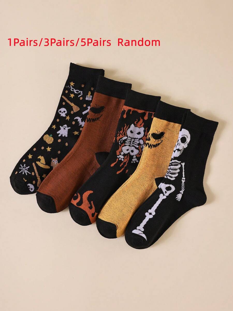 1 Pair/5 Pairs Random Color Unisex Casual Skeleton Pattern Crew Socks, Suitable For Halloween