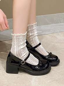 1 Pair Retro Black Shiny Leather Mary Jane Shoes, Simple & Fashionable Platform High Heel Pumps For Teens, Versatile Daily Wear - Black - View 2