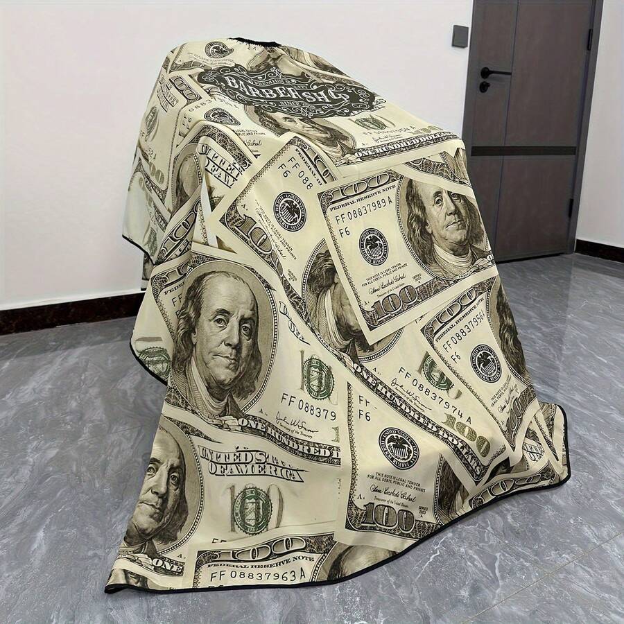 [Haircut Essential] Adjustable Salon Cape - Unique Dollar Bill Print, Elastic Neckline, Professional Haircutting Apron For Salon Or Home Use, Haircut Accessory, Barber Shop Attire, Playful Design, Durable Fabric