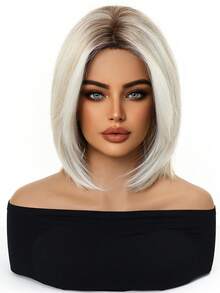 12 Inch Ombre Brown-Golden Synthetic Heatproof Wig With Bangs, Natural Looking, Suitable For Women's Daily, Party And Cosplay Use - Blonde Ombre - View 3