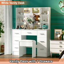 NUEVO juego de tocador con luces LED, espejo, tocador, taburete y 10 estantes - Perfect For Organizing Makeup, Skincare, Elegant Vanity|Decorative Vanity, Vanity Furniture, Compact For Small Space, Bedroom Decor Gift, Perfect Gift For Women Girls , Ideal para regalos de Navidad y Halloween. - Blanco - Ver 4