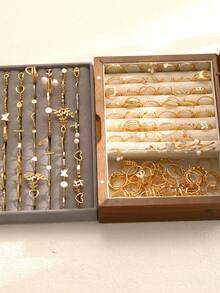 1 Set Vintage Multi-Piece Stackable 21/23/47/68pcs Heart, Pearl, Flower, Geometric, Cross, Eye, Leaf, Crystal, Bling Bling, Star, Tassel, Moon, Sun, Round Bead, Round, Square, Wave, Multi-Layer, Rope, Chain, Hollow, Braided, Minimalist, Smooth Plain Ring, Multi-Element Metal Style Rings, Fashion, Elegant, Retro Design, Suitable For Holiday, Party, Date, Gift, Daily Wear (Random Delivery) - Yellow Gold - View 12