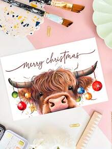 1 张带信封和梦幻奶牛设计的圣诞贺卡 - 适合朋友和家人的节日贺卡，圣诞快乐祝福，完美的礼物 - 彩色 - 查看 3