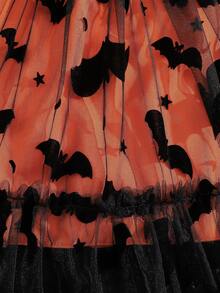 Vestido de Halloween para meninas, saia de malha estilo morcego, estampa gráfica, manga comprida com cinto, ideal para festas ao ar livre - Preto - Ver 7
