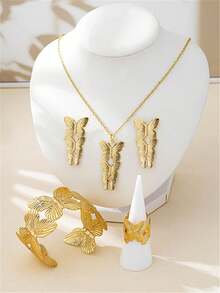 3pcs/5pcs Flower & Butterfly Jewelry Set, Necklace, Earrings, Bracelet, Ring, Metal 5-Petal Flower & Butterfly, Elegant & Sweet Women Accessories