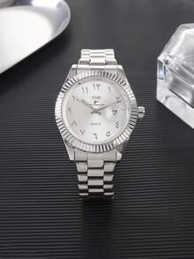 RICECGO 男士经典石英表，圆形表盘，双日期显示，不锈钢表带，适合日常佩戴，也是理想的生日礼物和商务着装之选。