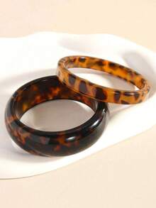 1pc/2pcs Set Retro Energetic Resin Leopard Print Acrylic Thick & Thin Round Bangle Bracelet, Suitable For Daily Wear, Party, Banquet - Leopard Print Bracelet - View 3
