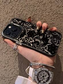 1pc Fashionable Personalized Lace Flower Printed Pattern With Independent Button IMD Anti-Fall Anti-Slip Black Phone Case Compatible With IPhone 16 ProMax/16/16 Pro/16 Plus/15/15 ProMax/15 Pro/11/12/13/14 ProMax/11 Pro/11 ProMax/12 Pro/12 ProMax/13 Pro/13 ProMax/14 Pro/14 ProMax, Creative High-End - Multicolor - View 2