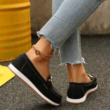 Women Low Heel Slip On Loafer Shoes Flat Round Toe Wedge Buckle Soft Bottom - 黑色 - 查看 5