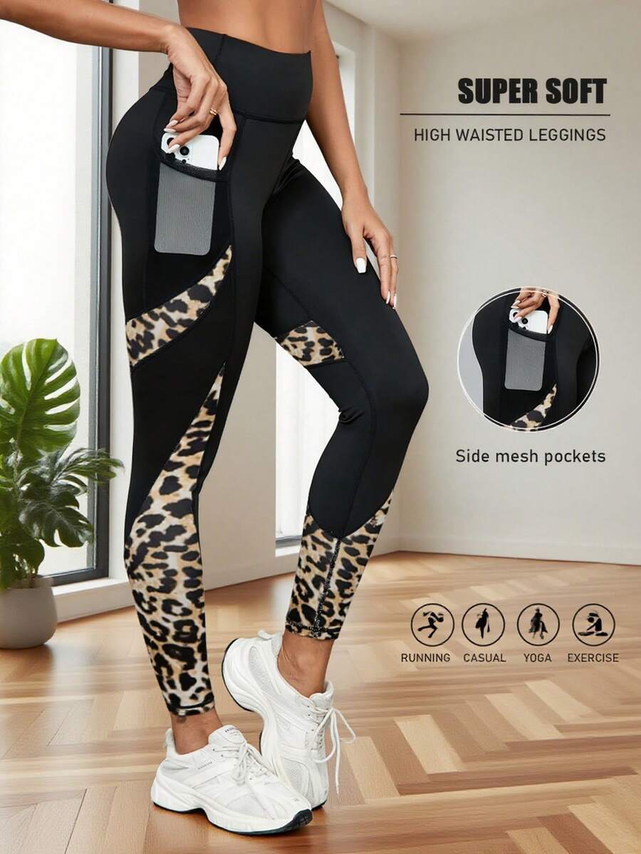 Quần tập yoga lưới vá cạp cao cho nữ, quần legging thể thao thường ngày có túi điện thoại bên hông họa tiết da báo, quần lót định hình gợi cảm phù hợp cho mọi mùa