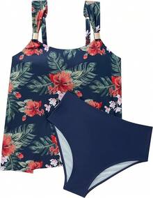 High Waisted Ruffle Tankini Swimsuit Plus Size Tummy Control - 海軍藍色花卉 - 查看 4