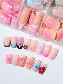 288片（12种不同款式）短方形3D凝胶美甲贴纸，可打造莲花美甲、法式亚克力按压美甲、短款美甲，粉色法式、黄色法式、白色法式设计，完美适配短款假指甲套装。易于佩戴，适合夏季美甲和法式美甲，适合女性、女孩日常工作、派对等场合。美甲用品 - 彩色 - 查看 4