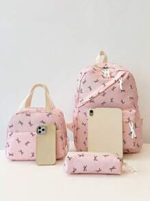 三件套休闲学院风蝴蝶印花背包套装，包含背包、午餐包、斜挎包和带笔记本电脑隔层的笔袋，配有可调节肩带、多口袋大容量多功能书包套装，适合女性/女孩/青少年/大学生/毕业生日常使用/度假/旅行/返校，可爱蝴蝶图案背包