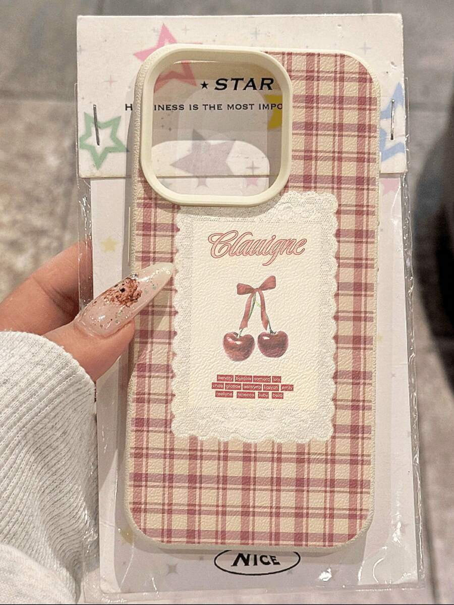 1 buc Husă de telefon la modă cu model vintage în carouri și cireșe, impermeabilă, anti-cădere, anti-alunecare, din piele moale, cu textură, compatibilă cu Apple și alte telefoane