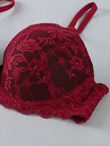 1 Set Lace Sexy Push-Up Bra, Anti-Sagging - Red - View 4
