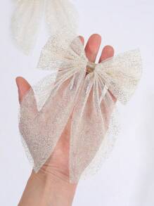 2 件白色米色薄纱蝴蝶结发饰，适合女婴，大号蝴蝶结鳄鱼夹，素色优雅网眼发夹，幼儿女孩蝴蝶结夹，婚礼发夹，儿童婴儿发饰
