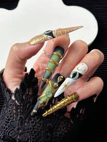 56 毫米超长细高跟指甲法式手工按压式指甲，多色指甲尖带有眼饰、水钻、闪粉、镜面粉、猫眼渐变、手绘万圣节主题 3D 设计，具有立体复合图案、撞色和混合创意元素 - 全覆盖人造 DIY 光泽假指甲套装 10 件/包美甲用品美甲 - 彩色 - 查看 4