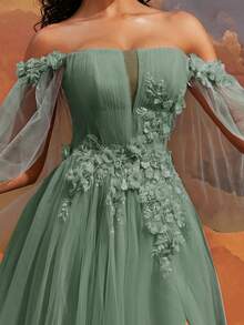 VIPGIRL Off-Shoulder Green Sheer Evening Gown, Decorated With Floral Appliques, Romantic Formal Dress, Fairy Princess Formal Gown, High Slit Dress, Garden Wedding Guest Dress, Elegant A-Line Sheer Dress - Green - View 11