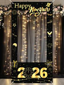 1pc 2026 New Year Theme Black & Gold Photography Backdrop, Black & Gold 2026 New Year Party Decor Prop, 2026 Happy New Year Celebration Party Hanging Banner, 2026 Happy New Year Photography Prop, New Year Gift, New Year Decoration, Theme Party Hanging Decor, Party Gift