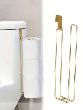 1pc No Drill Adhesive Wall-Mounted Toilet Paper Holder - Iron Dual Roll Bathroom Organizer With Golden Finish, Space-Saving Design For Bathroom & Kitchen , Bathroom Storage, Modern Decor Accessory, Durable Decor Item