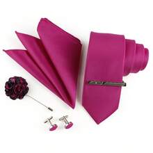 ZONFAZ 5 件套男士商务正装领带、手帕、袖扣、翻领花、领带夹套装，婚礼派对必备 - 玫紅色 - 查看 5