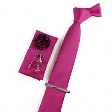 ZONFAZ 5 件套男士商务正装领带、手帕、袖扣、翻领花、领带夹套装，婚礼派对必备 - 玫紅色 - 查看 3