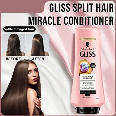 Schwarzkopf Gliss Split Hair 奇迹护发素，修复头发、强化头发、恢复头发、恢复活力，摩洛哥坚果油、银耳蘑菇提取物、葡萄籽油和维生素 E，减少头发分叉，防止外部损伤，软化和滋养头发，保湿、补水、持久滋养，适合受损发质、干性发质、染色发质、日常护理、造型后、染色后护理