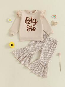 Sister Matching Outfits Long Sleeve Sweatshirt + Plaid Flare Pants Set Toddler Clothes - White - View 1