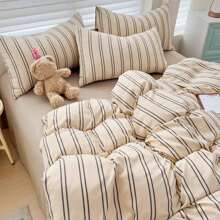4 件套简约条纹印花羽绒被套装（1 个羽绒被套、1 个床单、2 个枕套、无填充物），简约卧室床上用品套装，可水洗，万圣节礼物 - 彩色 - 查看 9