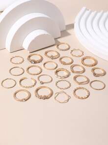 23pcs/Set Fashion Knuckle Rings Set, Women's Crystal Star Moon Eye Wave Gold & Silver Rings, Women's Party Jewelry Gift - Yellow Gold - View 3