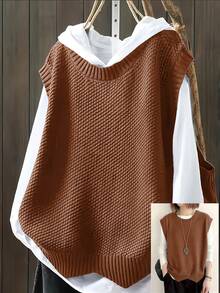 Áo len cổ tròn màu trơn thường ngày cỡ lớn - Rỉ Nâu - Xem 1