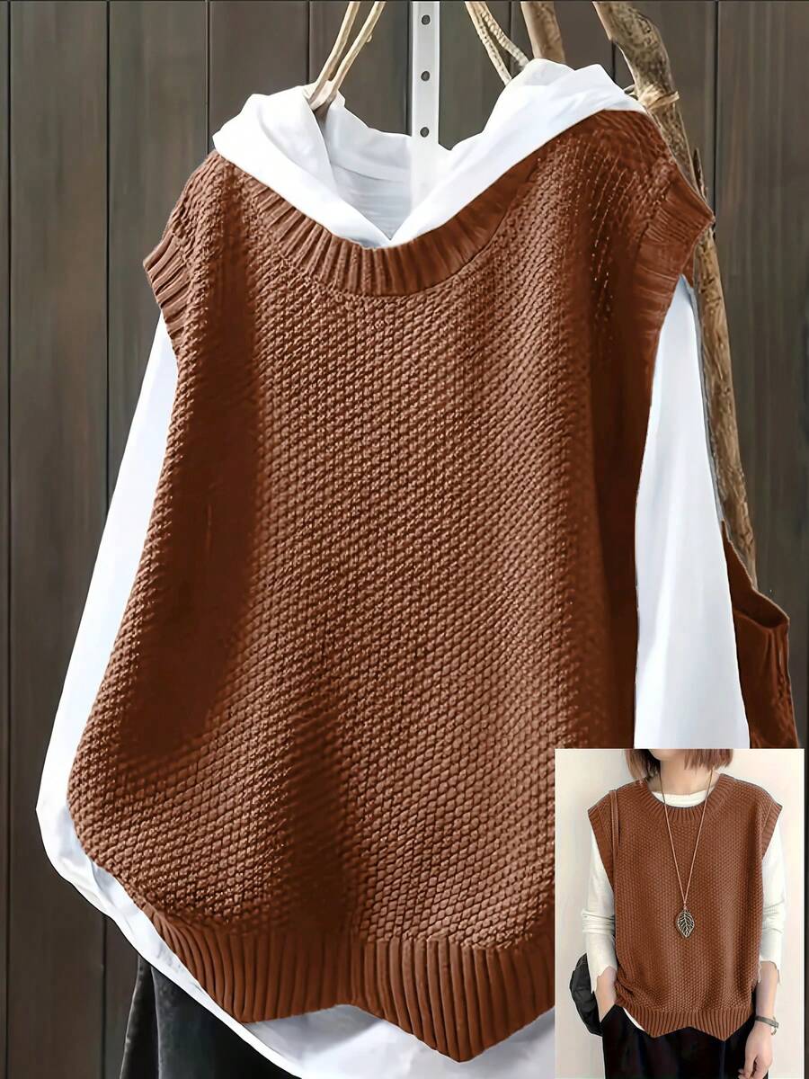 Áo len cổ tròn màu trơn thường ngày cỡ lớn - Rỉ Nâu - Xem 1