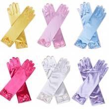 2pcs Princess Printed Gloves, Bow Gloves, Silk Queen Princess Elegant Gloves, Anna Ceremonial Costume Accessories Halloween