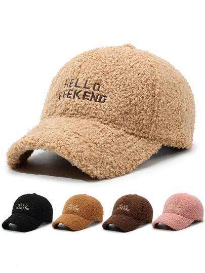 1 件男女通用泰迪羊毛棒球帽，绣有“HELLO WEEKEND”字样，温暖柔软的面料可调节带帽，适合日常休闲穿着、周末出游、冬季户外活动和时尚造型