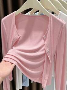 女士不对称纽扣针织开衫，长袖轻薄披肩领外套，黑色/白色/灰色/粉色可选，适合搭配连衣裙