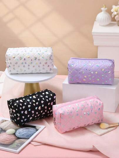 新款INS风复古高品质PU多功能化妆包，便携式化妆品收纳袋，激光爱心印花，大容量旅行手拿包，化妆包，旅行必备