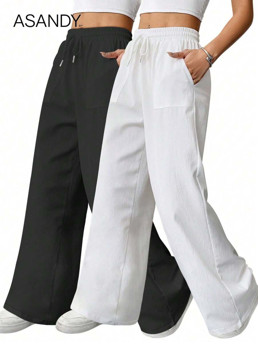 2pcs/Set Loose Fit Wide Leg Pants, Drawstring Waist Plain Color Casual Trousers Summer - Multicolor - View 1