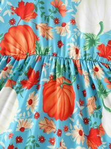 年轻女孩可爱南瓜和叶子印花及膝荷叶边下摆喇叭袖公主裙，适合秋季节日和万圣节