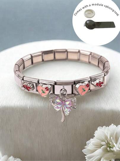 1 Set = 18pcs Stainless Steel Modular Butterfly, Heart, Coffee, Star Bracelet/Bangle, Fashionable & Durable, Unisex, Elegant Vintage Charm, Suitable For Daily Wear