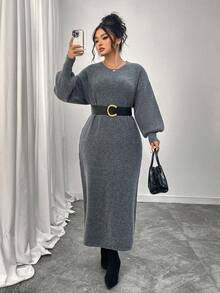 Women's Solid Color Round Neck Drop Shoulder Long Sleeve Maxi Casual Sweater Dress, Suitable For Daily Wear, Autumn/Winter