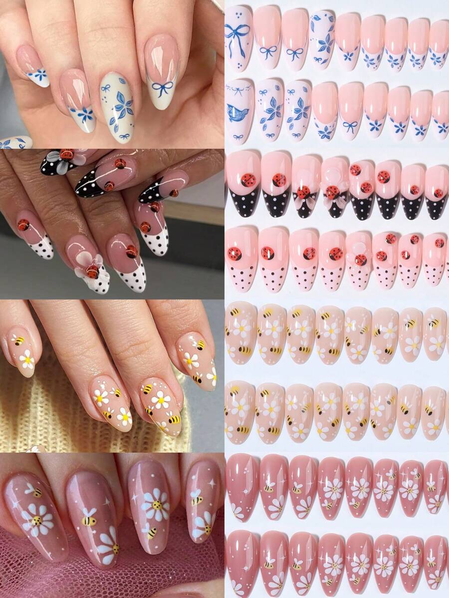 96 件（4 种混合）长杏仁 3D 凝胶指甲制作可爱的瓢虫和蜜蜂花朵指甲设计白色法式亚克力按压指甲长完美贴合假指甲套装，包括：1 件果冻胶和 1 件指甲锉，易于佩戴的花朵指甲和夏季指甲艺术适合女士女孩日常工作穿着狂欢派对使用指甲用品指甲