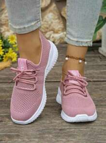 Women's Breathable Knit Slip- Shoes - Lightweight Low-Top Sneakers With Soft EVA/PVC Sole, All-Season Comfort For Walking, Jogging & Casual Wear - White, Ladies Sneakers, Round Toe Design, Cushioned Sole, Women