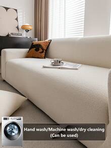 1pc Plush Fabric Jacquard Sofa Cover, Solid Color Sofa Protector, Pet Friendly Anti-Slip Anti-Dirt Anti-Scratch, Suitable For All Seasons, Stretchy Machine Washable, Fits 1/2/3/4 Seater Sofa, Waterproof - Beige - View 4