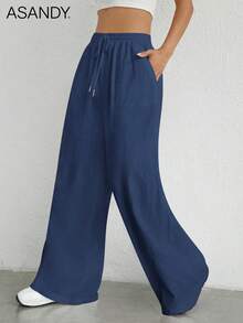 2pcs/Set Casual Wide Leg Pants, Loose Drawstring Waist Solid Color Wide Leg Long Pants - Multicolor - View 4
