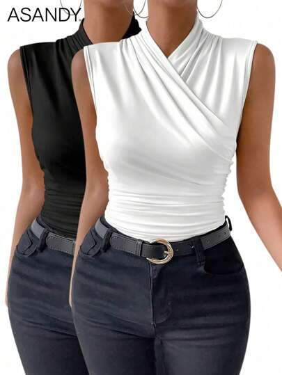 2pcs Women Sleeveless Solid Color Criss-Cross Front Camisole Top And T-Shirt Set